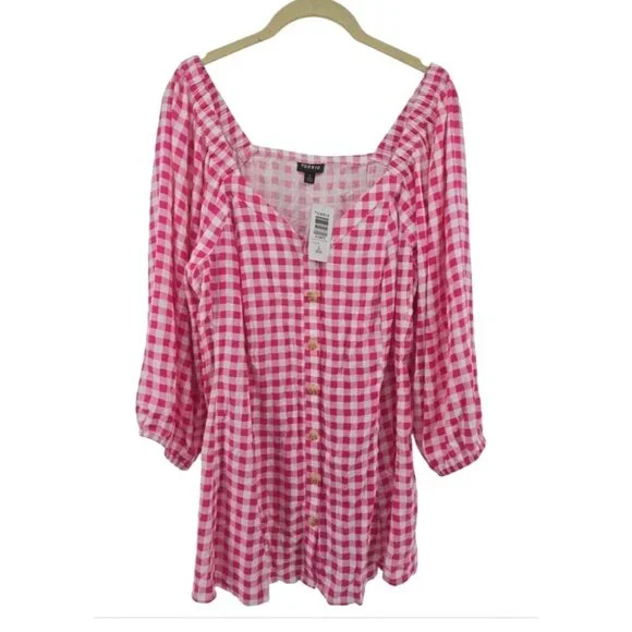 New Torrid Fit & Flare Button Up 3/4 Sleeve Pink Gingham Top Size 2X - Picture 2 of 11